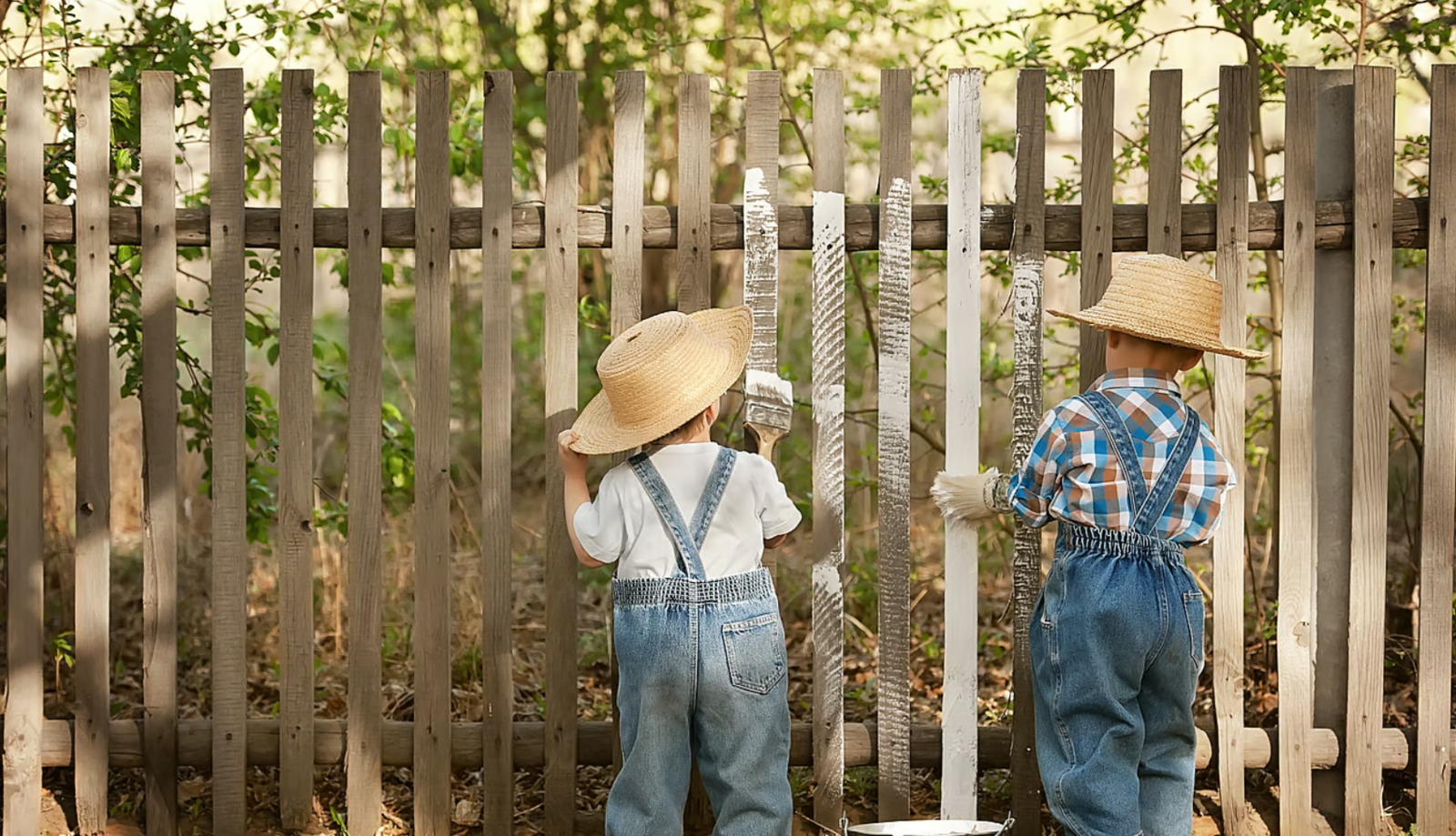 Auf dem Bild sieht man 2 Kinder die einen Holzzaun mit weißer Farbe streichen